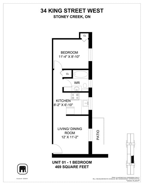 Floor plan for 1 bed, 1 bath